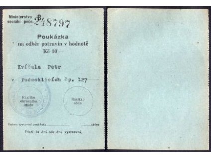 PODMOKLICE, okr. Semily. Žebračenka - Poukázka na odběr potravin v hodnotě Kč 10,-